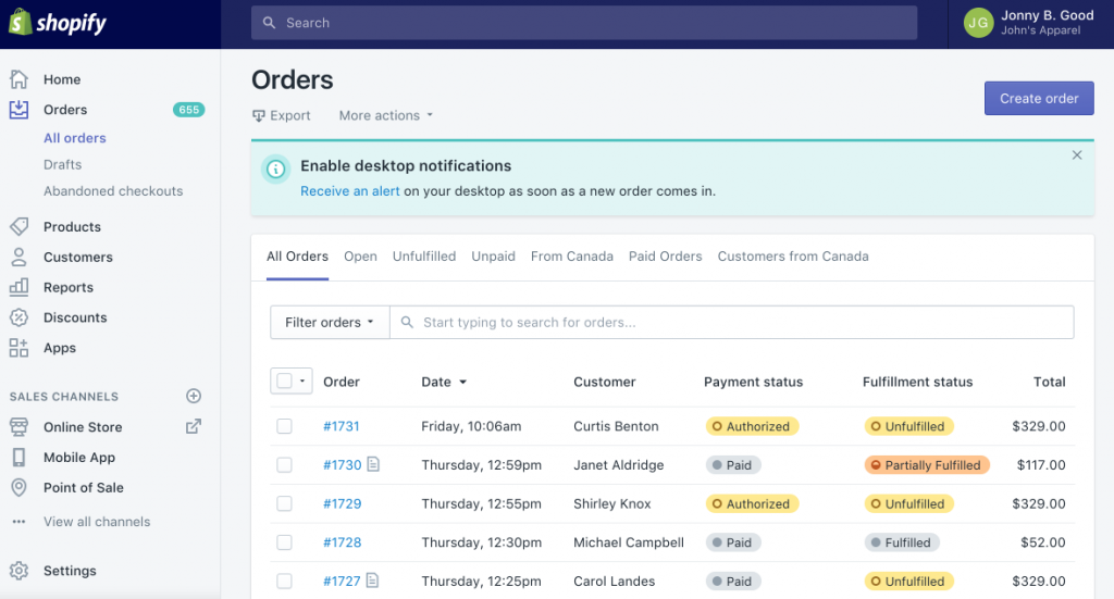 Shopify administration interface