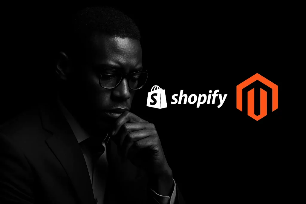 Homme réfléchissant au sujet Shopify vs Magento