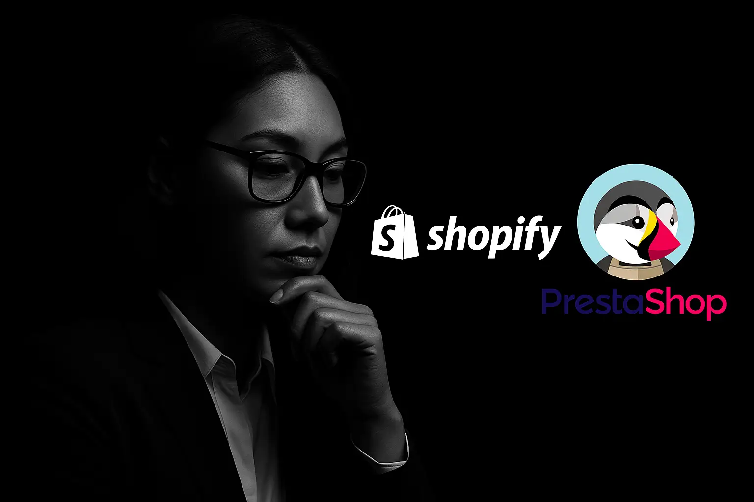 Woman examining Shopify vs PrestaShop features